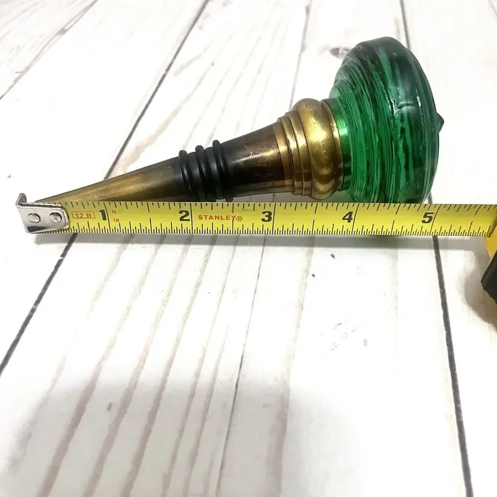 Vintage Emerald Green Glass Bottle Stopper Brass Wine Cork Barware